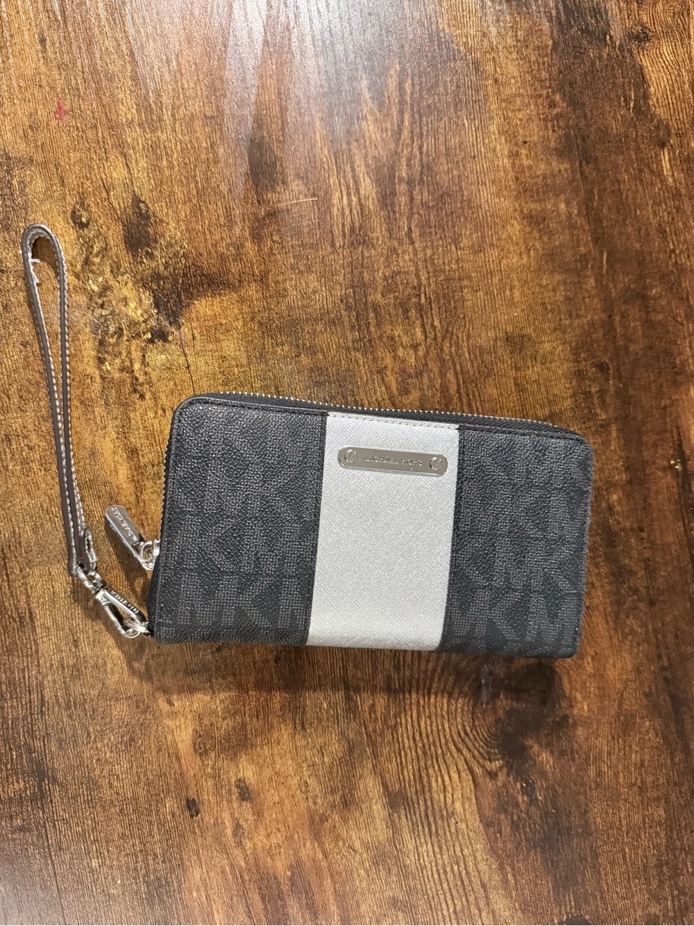 Michael Kors Black MK Logo Wristlet with Silver Center Stripe